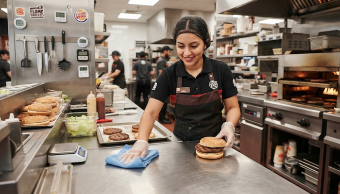 Hamburguesas a la parrilla en cocina de comida rápida