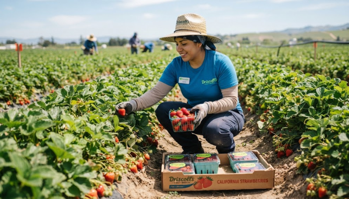 Recolector cosechando fruta fresca en un campo agrícola soleado