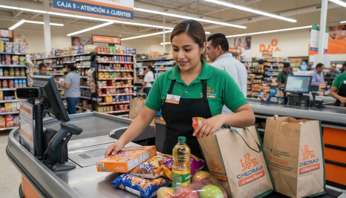 Supermercado mexicano con pasillos de productos organizados