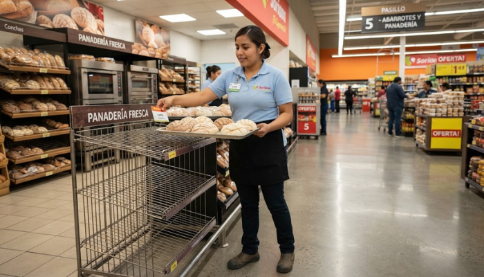 Pan fresco recién horneado y productos de panadería en supermercado
