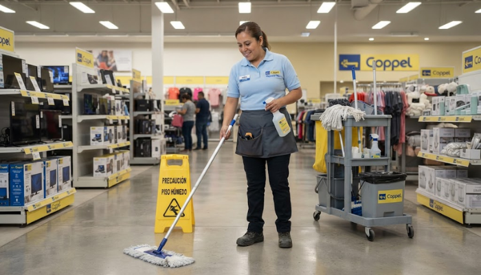 Personal de limpieza y mantenimiento ordenando instalaciones comerciales