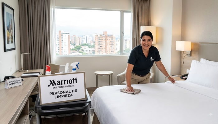 Personal de limpieza ordenando habitación de hotel de lujo