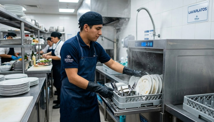 Personal trabajando en la cocina comercial de un hotel